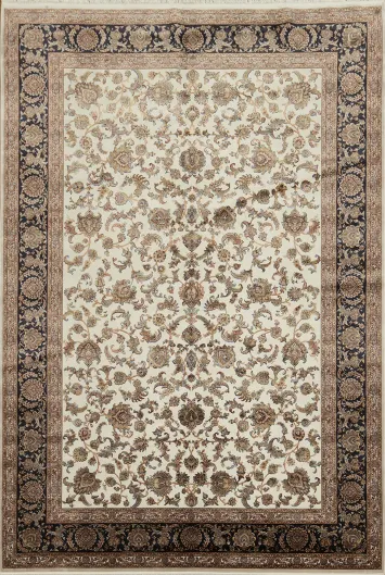 Traditional Cream and Navy Rug with Detailed Botanical Pattern 7x10