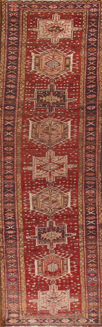 Geometric Red Heriz Persian Runner Rug 3x13