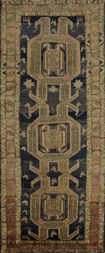 Navy Blue Tribal Ardebil Persian Runner Rug 4x10