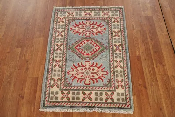 Light Blue Geometric Kazak Wool Rug 2x3