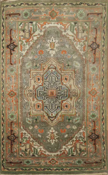 Traditional Grey and Green Indian Foyer Rug with Warm and Earthy Colors 3x5 ft