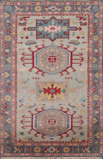 Handmade Green Kazak Indian Wool Rug 3x5