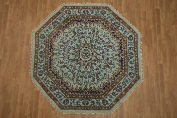 Handmade Octagon Rug with Timeless Floral Artwork 6x6