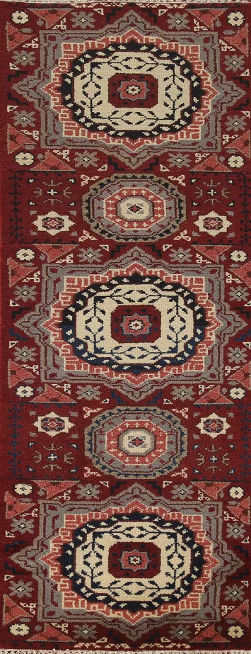 Red Geometric Kazak Indian Runner Rug 3x8