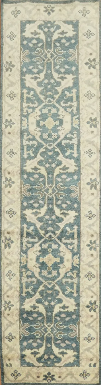 Handmade Wool Runner with Intricate Blue and White Motifs 3x10 ft