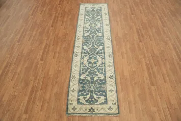 Handmade Wool Runner with Intricate Blue and White Motifs 3x10 ft