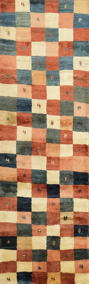 Checkered Gabbeh Persian Runner Rug 3x9