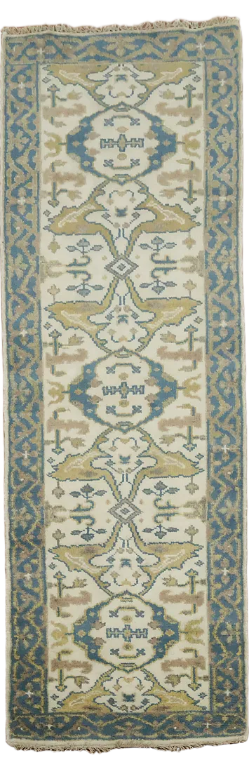 Elegant Blue and Beige Runner with Geometric Patterns 3'x8'