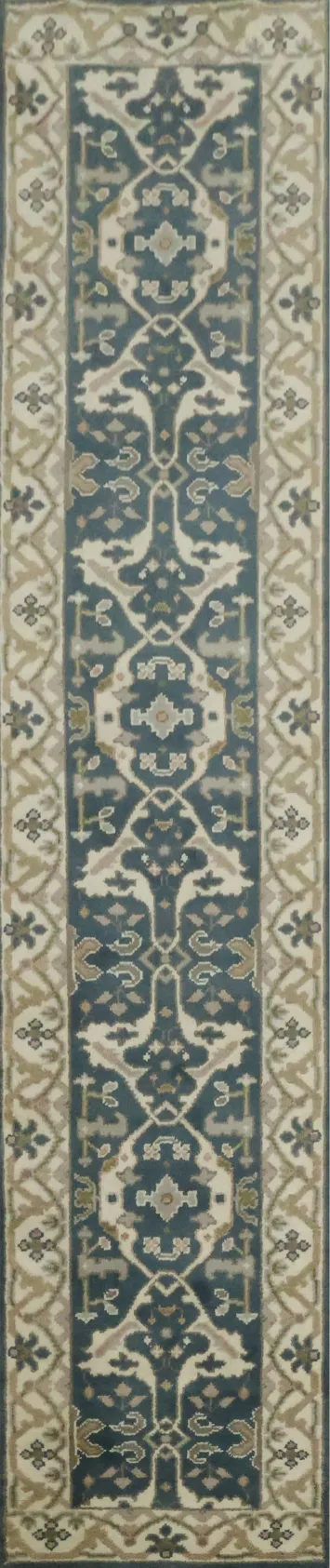 Hand-Knotted Ethnic Style Runner Rug in Vibrant Blue 3'x12'