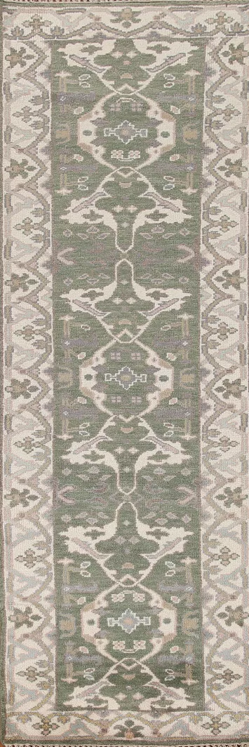Green Wool Oushak Indian Runner Rug 3x10