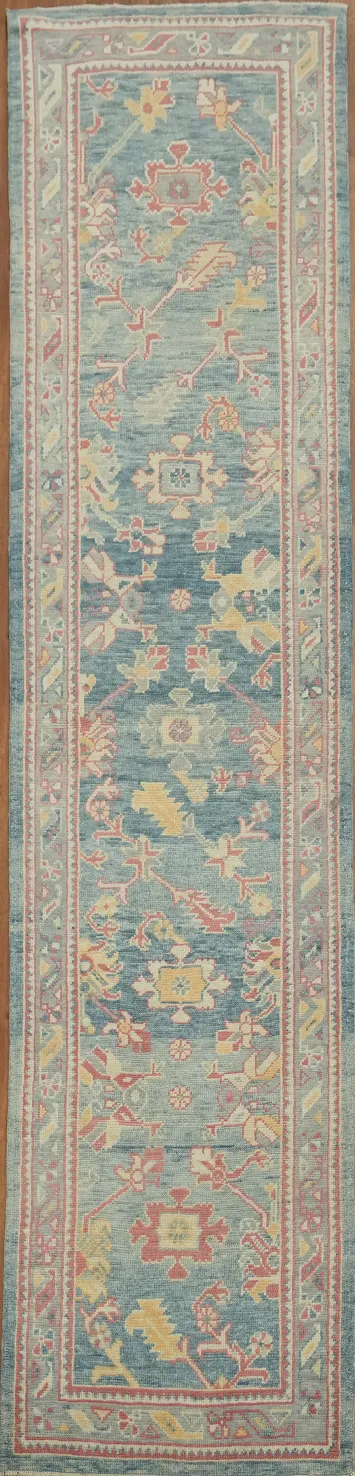 Elegant Vegetable Dye Blue Oushak Turkish Runner Rug with Blue Hues 3x13