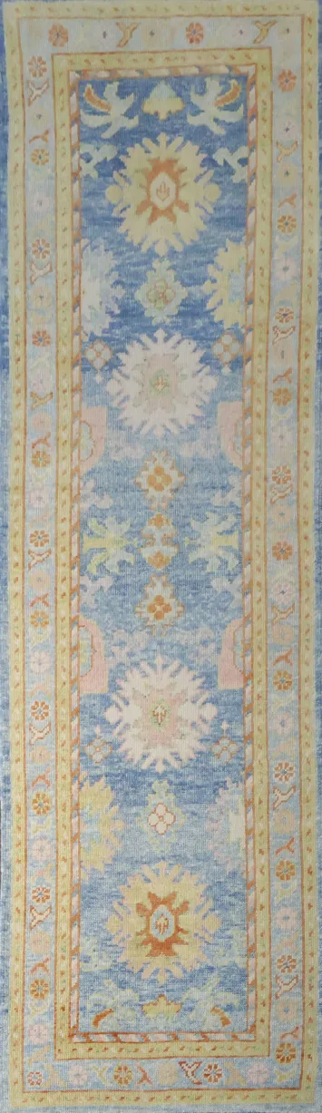 Vegetable Dye Blue Oushak Turkish Runner Rug 3x11 ft