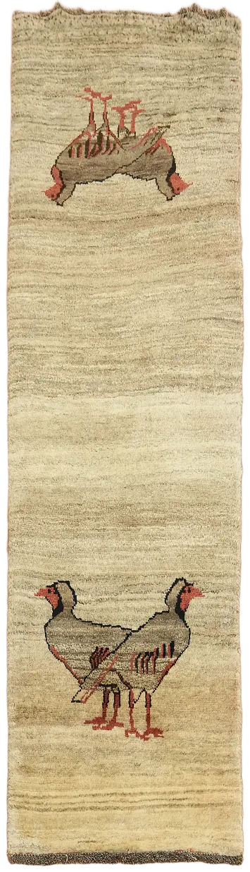Thick Gabbeh Persian Runner Featuring Artistic Bird Designs and Neutral Palette 2'x8'
