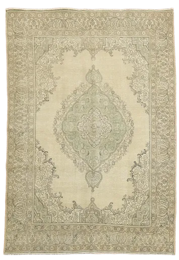 Vintage Distressed Beige and Green Tabriz Persian Area Rug 8x11