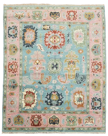 Hand-Knotted Blue and Pink Oushak Rug Featuring Pastel Floral Design 8x10