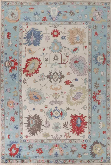 Ivory & Blue Oushak Indian Large Rug 10x14