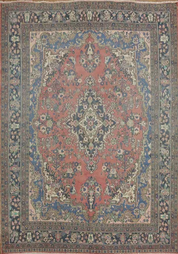 Vintage Pink and Blue Persian Rug with Ornate Floral Patterns 7x10