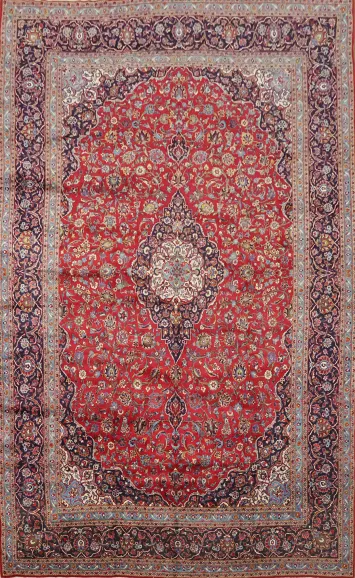 Palace Sized Traditional Kashan Persian Rug in Rich Red and Navy Blue Border 10x16