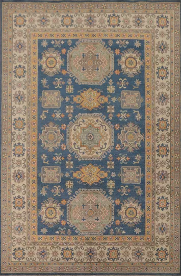 Blue Handmade Kazak Living Room Rug 7x10