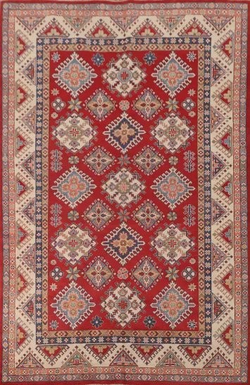 Red Geometric Kazak Oriental Area Rug 6x10