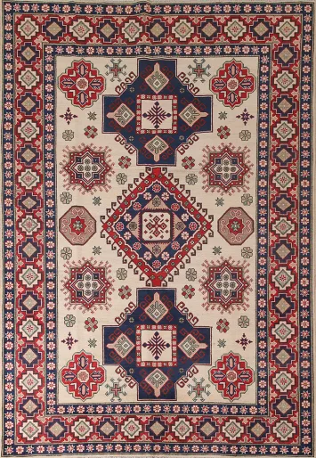Ivory Geometric Kazak Oriental Area rug 7x10
