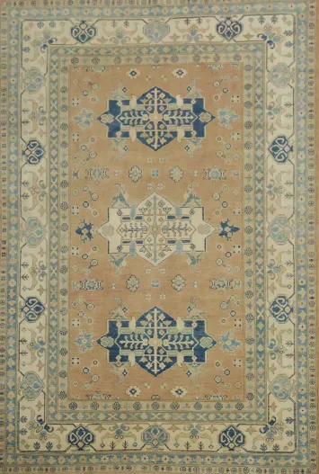 Muted Beige and Blue Kazak Tribal Rug with Exquisite Geometric Designs 6'x9'