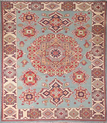 Geometric Blue Kazak Oriental Rug 5x6