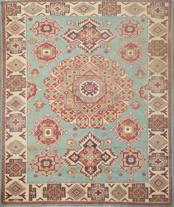 Geometric Blue Kazak Oriental Rug 5x6