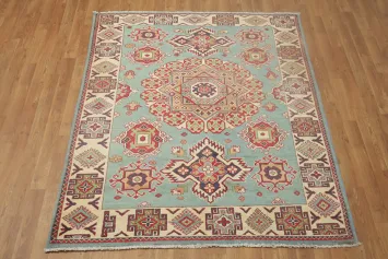 Geometric Blue Kazak Oriental Rug 5x6