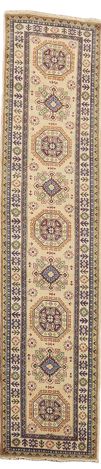 Geometric Kazak Oriental Wool Runner Rug 3x13