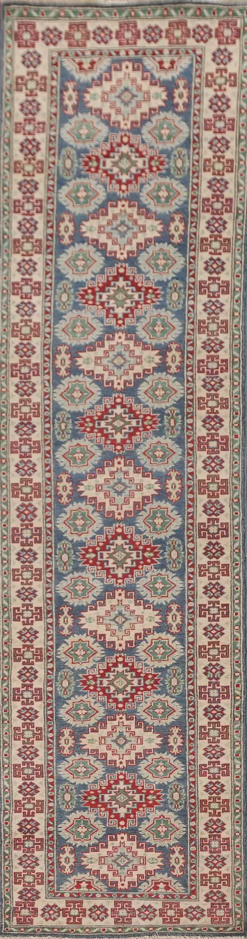 Blue Geometric Kazak Oriental Runner Rug 3x13