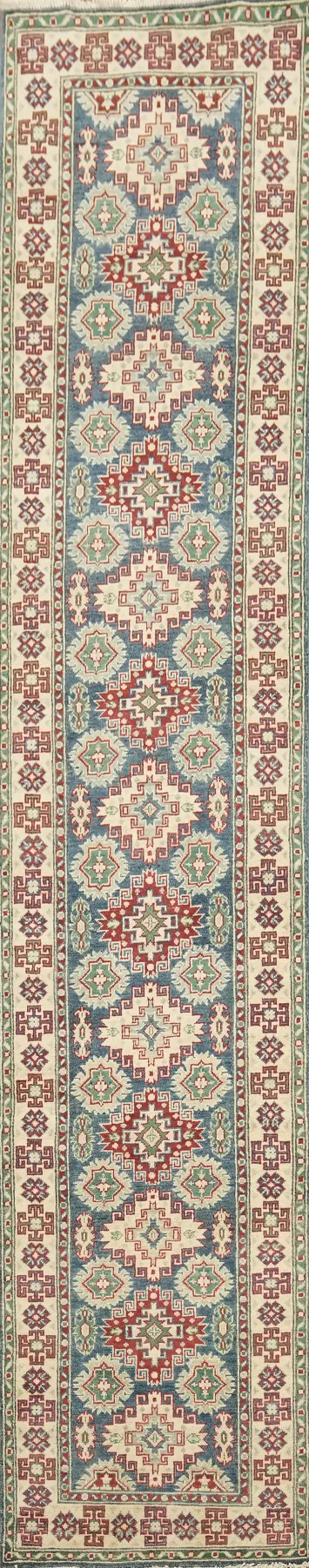 Traditional Long Runner Rug with Intricate Blue and Green Design 3x13 ft