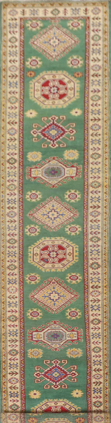 Green Geometric Kazak Oriental Runner Rug 3x16
