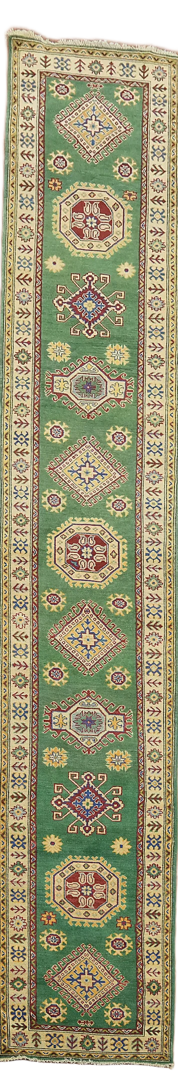 Vintage-Inspired Green Kazak Long Runner Rug 3x16 ft