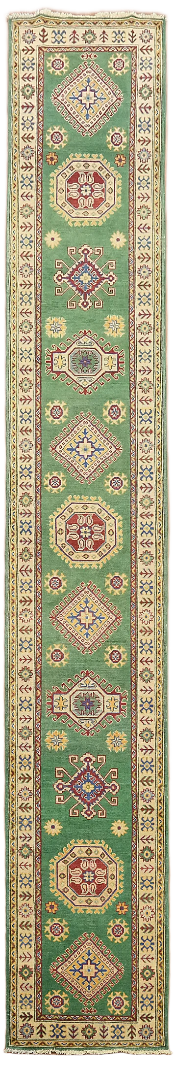 Charming Green Masterpiece Kazak Long Runner with Traditional Motifs 3'x16'