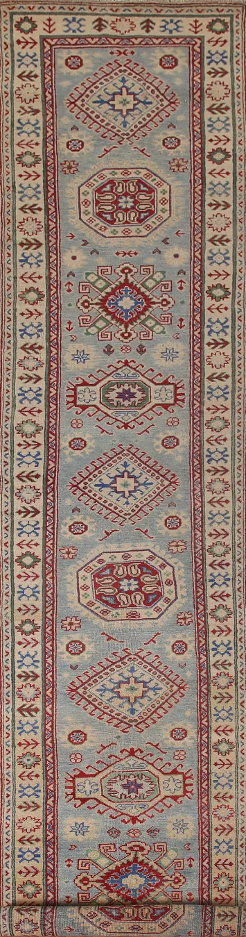 Light Blue Kazak Oriental Runner Rug 3x16