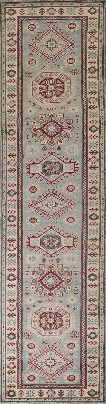 Light Blue Kazak Oriental Runner Rug 3x13