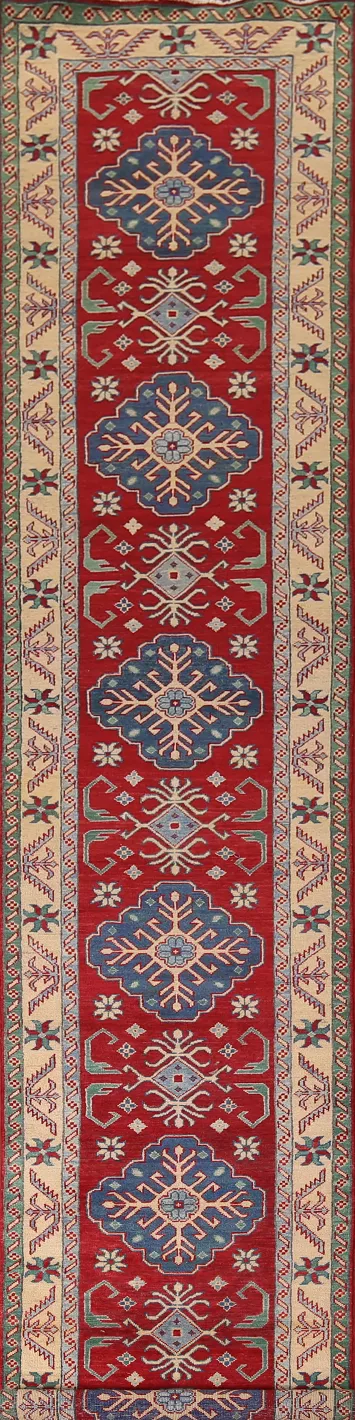 Geometric Red Kazak Oriental Runner Rug 3x16
