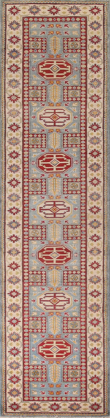 Light Blue Kazak Oriental Runner Rug 3x13