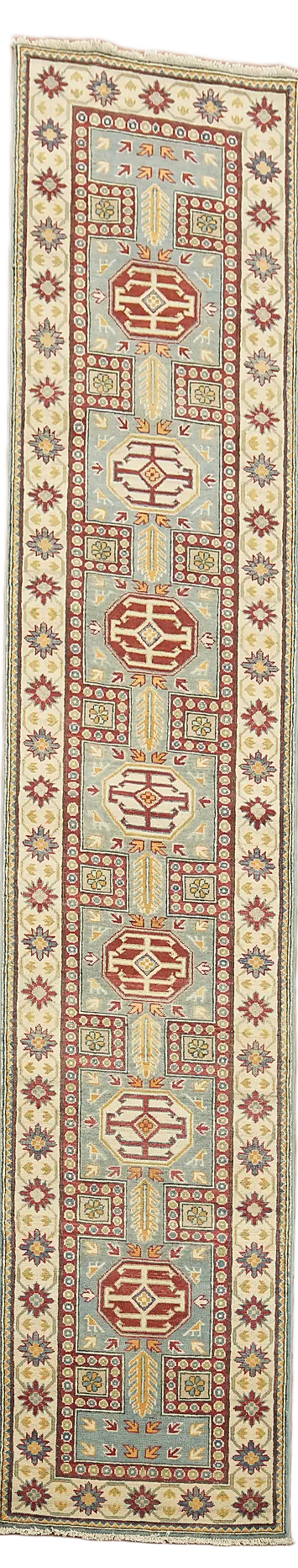 Light Blue Kazak Oriental Runner Rug 3x13