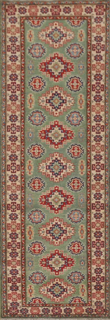 Green Wool Kazak Oriental Runner Rug 3x10