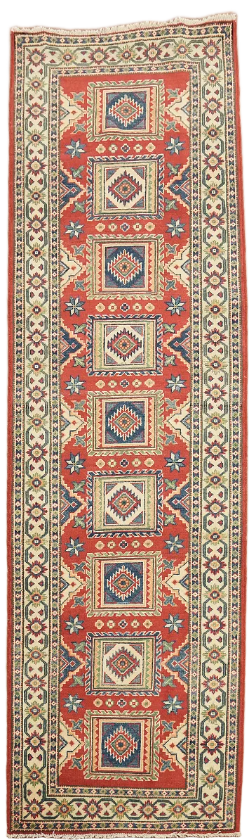 Geometric Kazak Oriental Runner Wool Rug 3x9