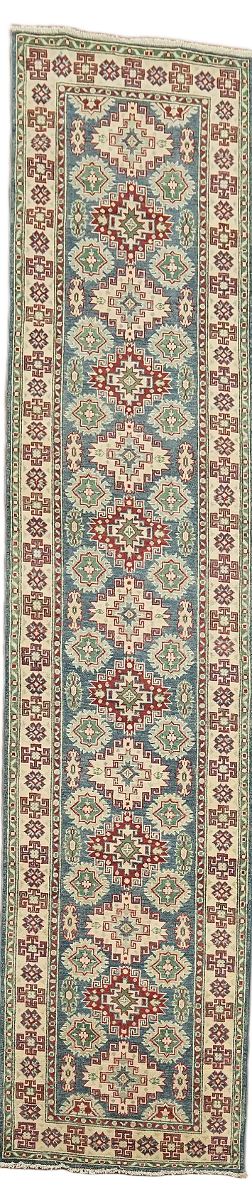 Blue Geometric Kazak Oriental Runner Rug 3x13