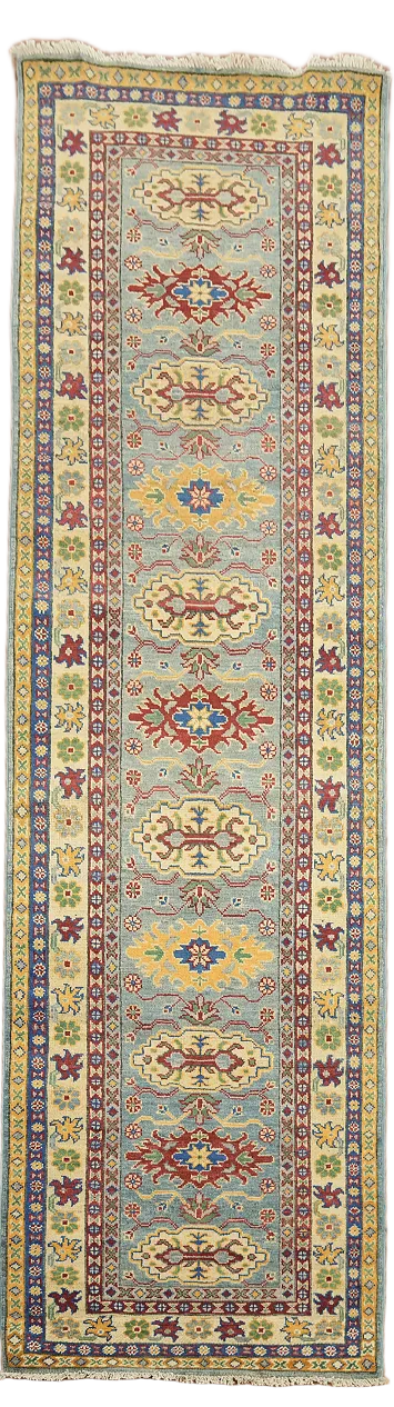 Light Blue Kazak Oriental Runner Rug 3x9