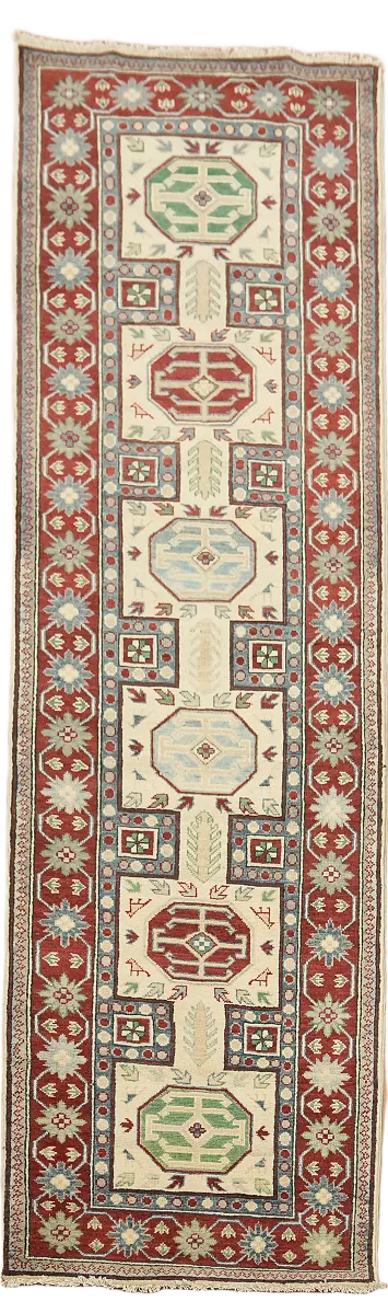 Geometric Kazak Oriental Runner Wool Rug 3x9