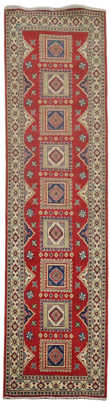 Luxurious Handcrafted Red Runner with Geometric Design 3x10