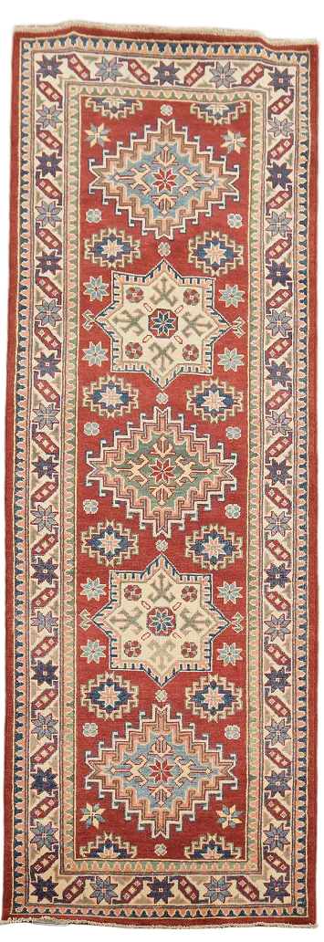 Geometric Red Kazak Oriental Wool Runner Rug 3x8