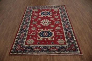 Traditional Red Kazak Rug with Geometric Patterns and Motifs 7x9