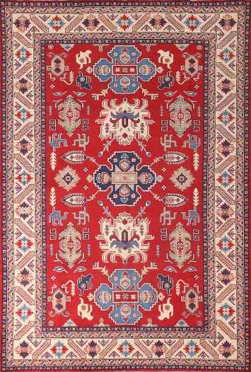 Red Geometric Kazak Oriental Area Rug 7x10