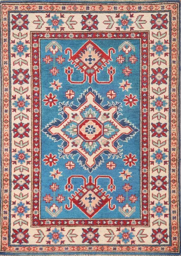 Blue Geometric Kazak Oriental Rug 3x4